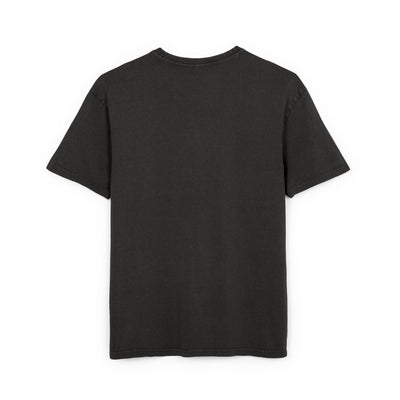 Vintage t-shirt Unisex roundneck heavy oversize tee in acid-washed black color, back view.