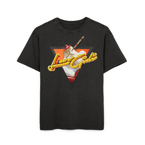 Men's black acid washed oversized tee with vintage graphic design and relaxed fit.
