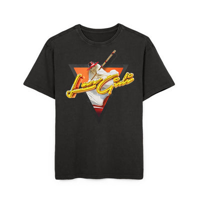 Men's black acid washed oversized tee with vintage graphic design and relaxed fit.