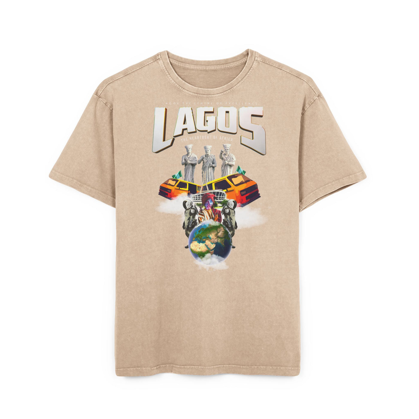 Vintage t-shirt featuring Lagos graphic design on a beige background, perfect for casual styling.