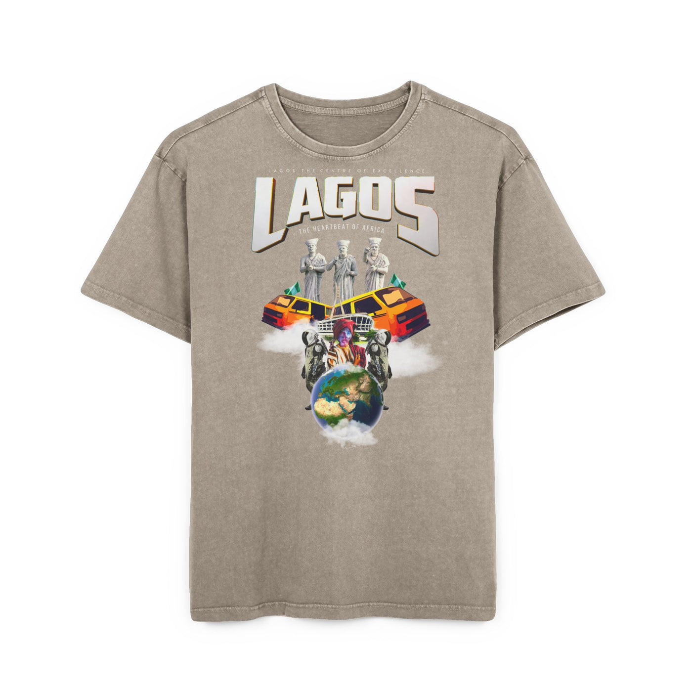 Vintage t-shirt featuring a graphic design of Lagos with an oversized fit and acid-washed style.