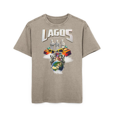 Vintage t-shirt featuring a graphic design of Lagos with an oversized fit and acid-washed style.