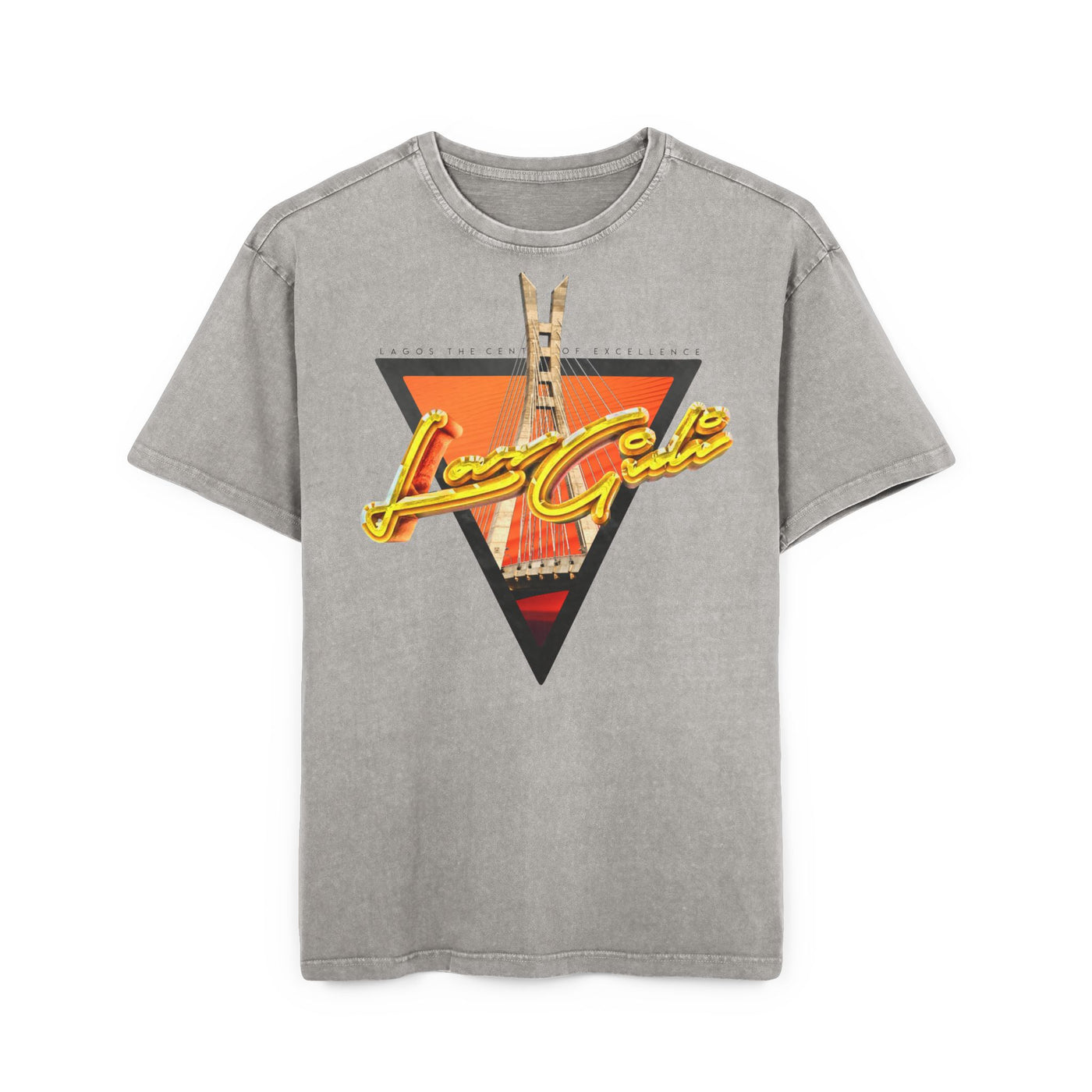 Men's acid washed oversized tee featuring a graphic design of a city skyline in vibrant colors.