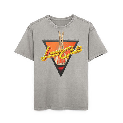 Men's acid washed oversized tee featuring a graphic design of a city skyline in vibrant colors.