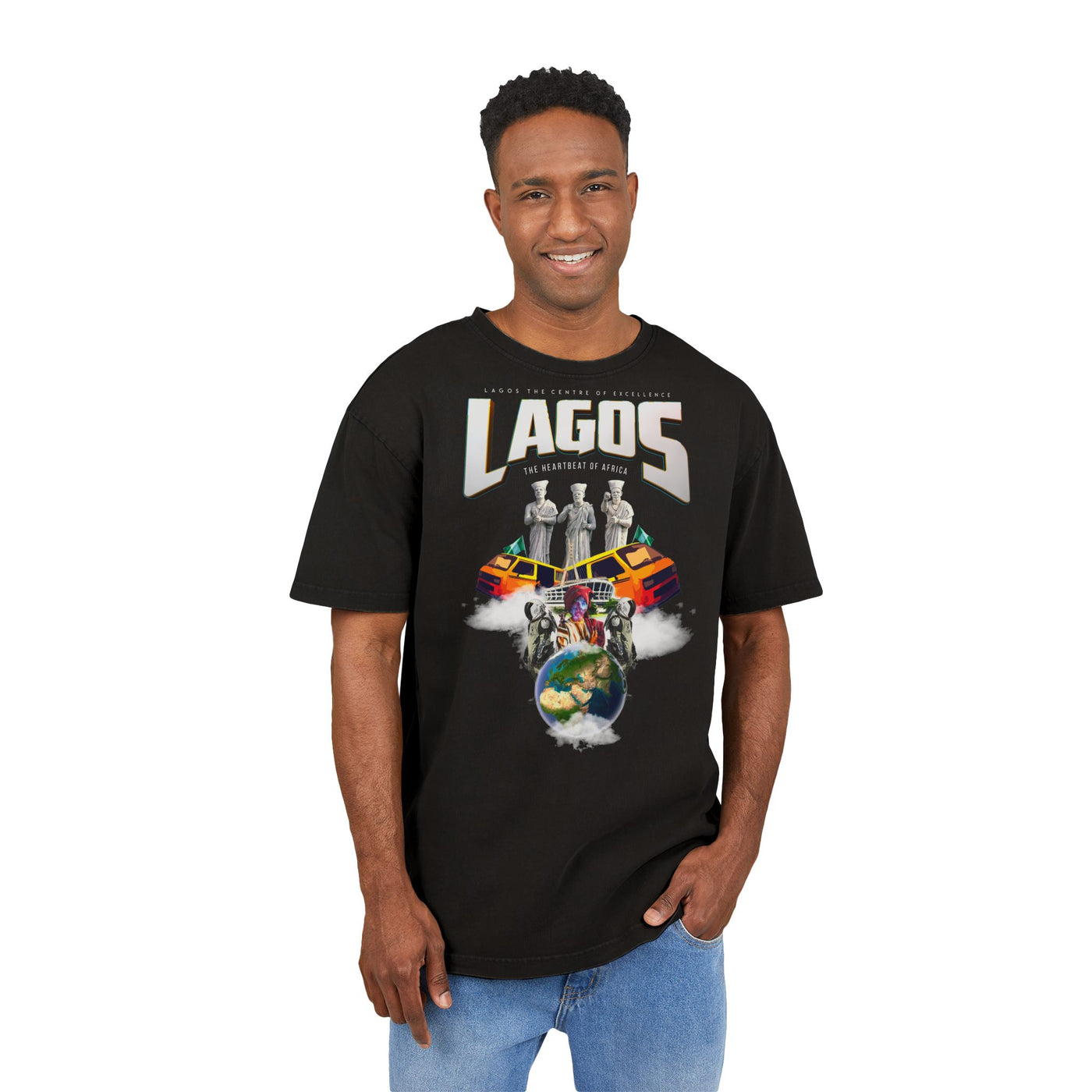 Vintage t-shirt Unisex roundneck featuring a bold Lagos graphic design on a black background.