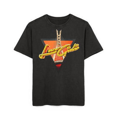 mens acid washed oversized tee featuring graphic design with a tower and vibrant colors on a black background.