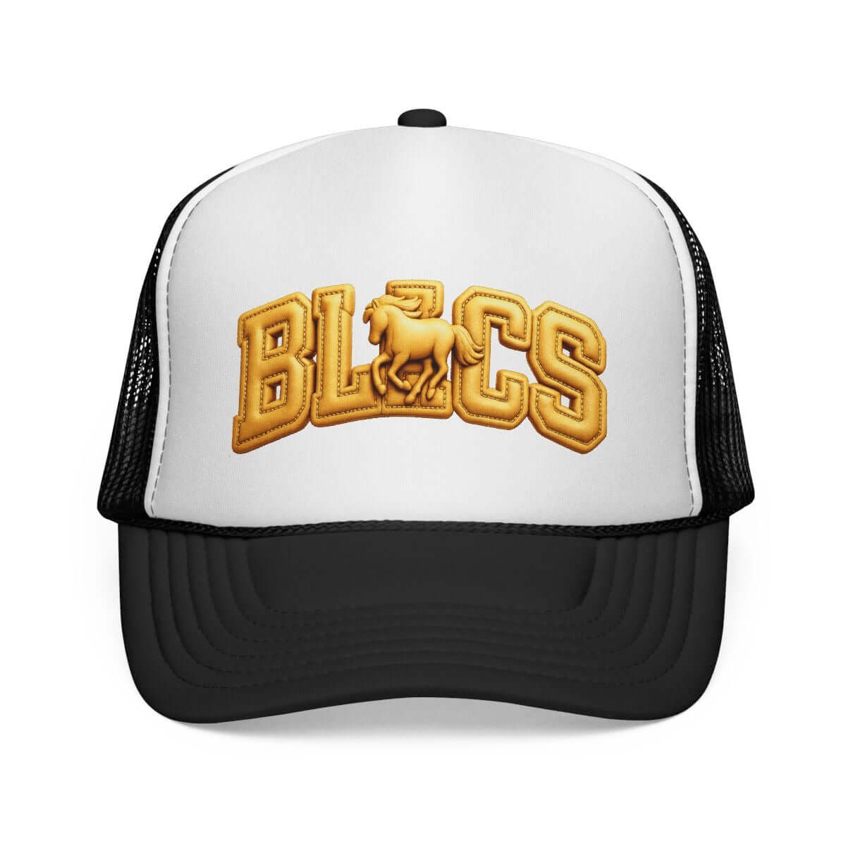 Stylish embroidered trucker cap with bold BLCS logo, combining comfort and flair for casual outdoor wear.