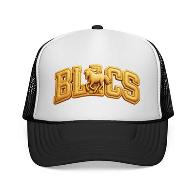Stylish embroidered trucker cap with bold BLCS logo, combining comfort and flair for casual outdoor wear.