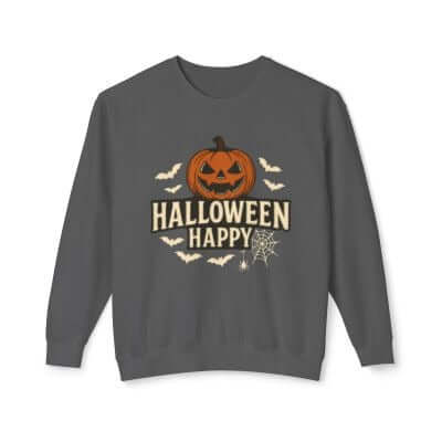 Unisex Halloween sweatshirt featuring a playful pumpkin design and bats, perfect for cozy autumn nights.