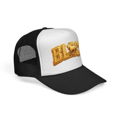 Stylish embroidered trucker cap with bold lettering, perfect for outdoor adventures and casual wear.